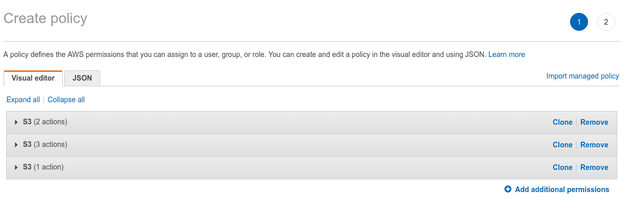 AWS permissions setup with visual editor