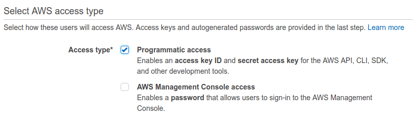 Select AWS IAM access type