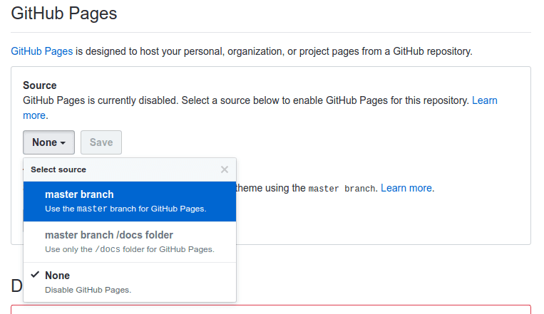 GitHub Pages drop-down menu to select source branch